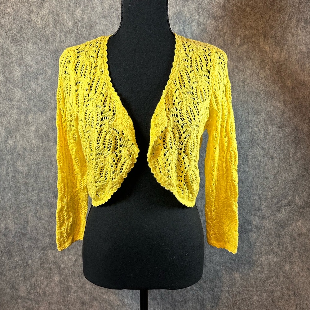 Appleseed’s small petite yellow crocheted summer cardigan